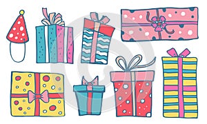 Set of stylized different color gift boxes. Hand drawn cartoon vector sketch doodle illustration